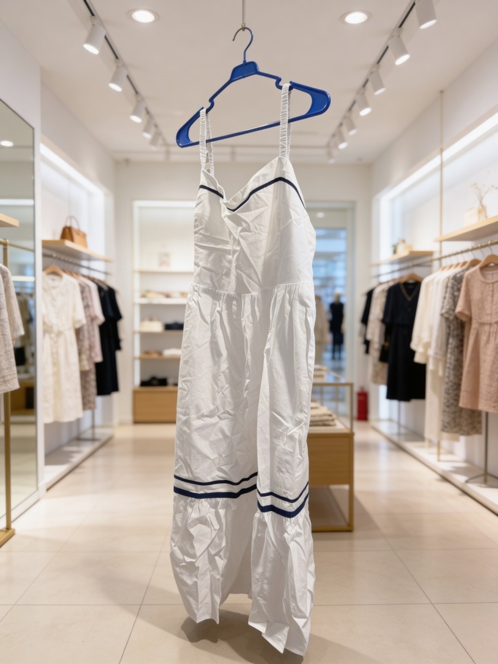 White Maxi Dress with Navy Trim by J crew